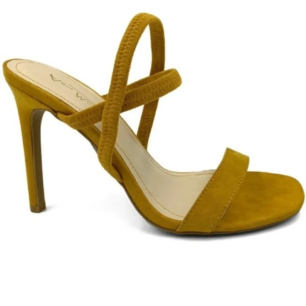 AnneMichelle mustard crisscross band open-toe pump